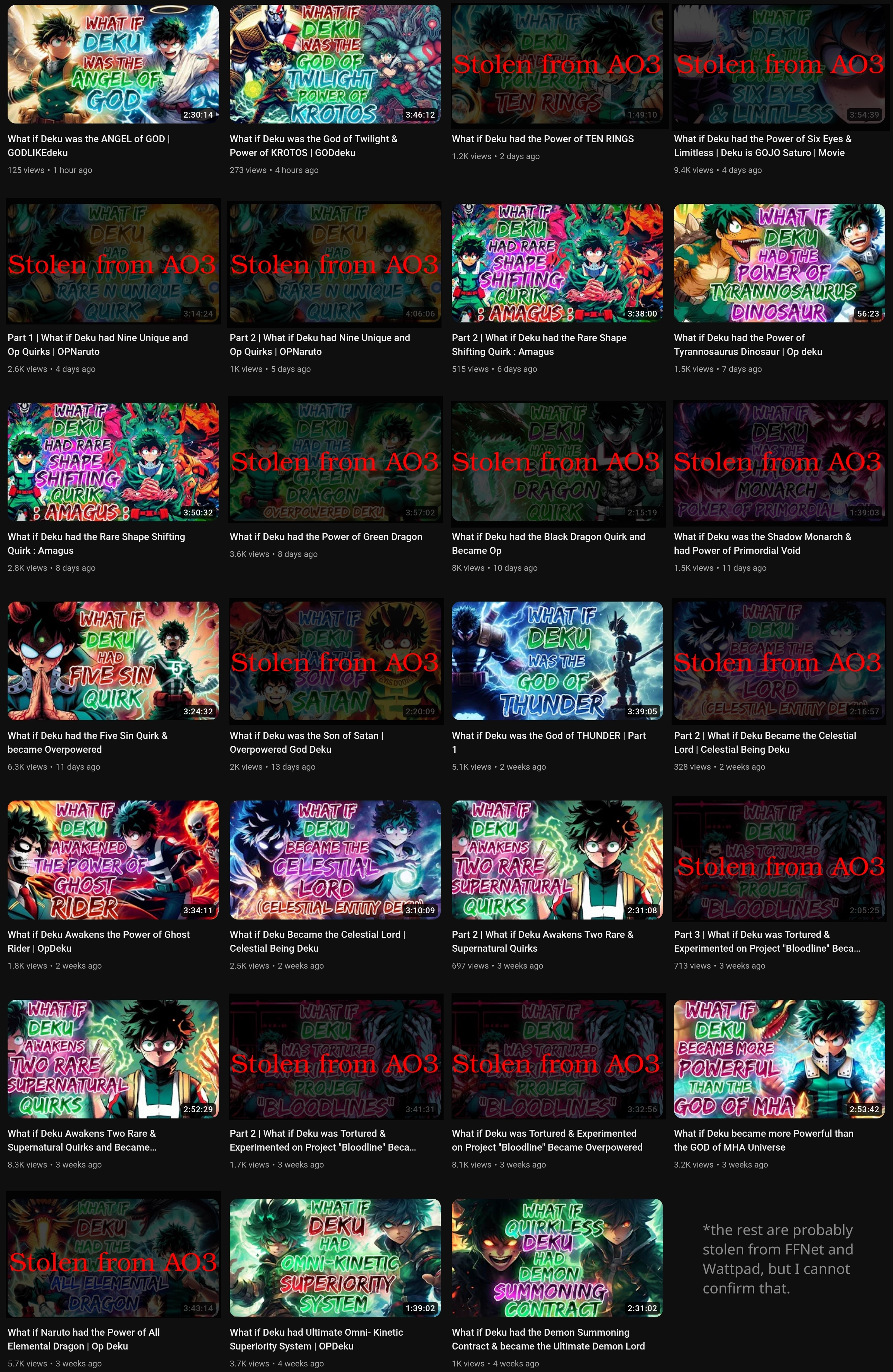 Screenshot of YouTube Channel Infinite Paradox Fanfic, one of the content farms, with 27 videos, 14 of which are stolen from AO3